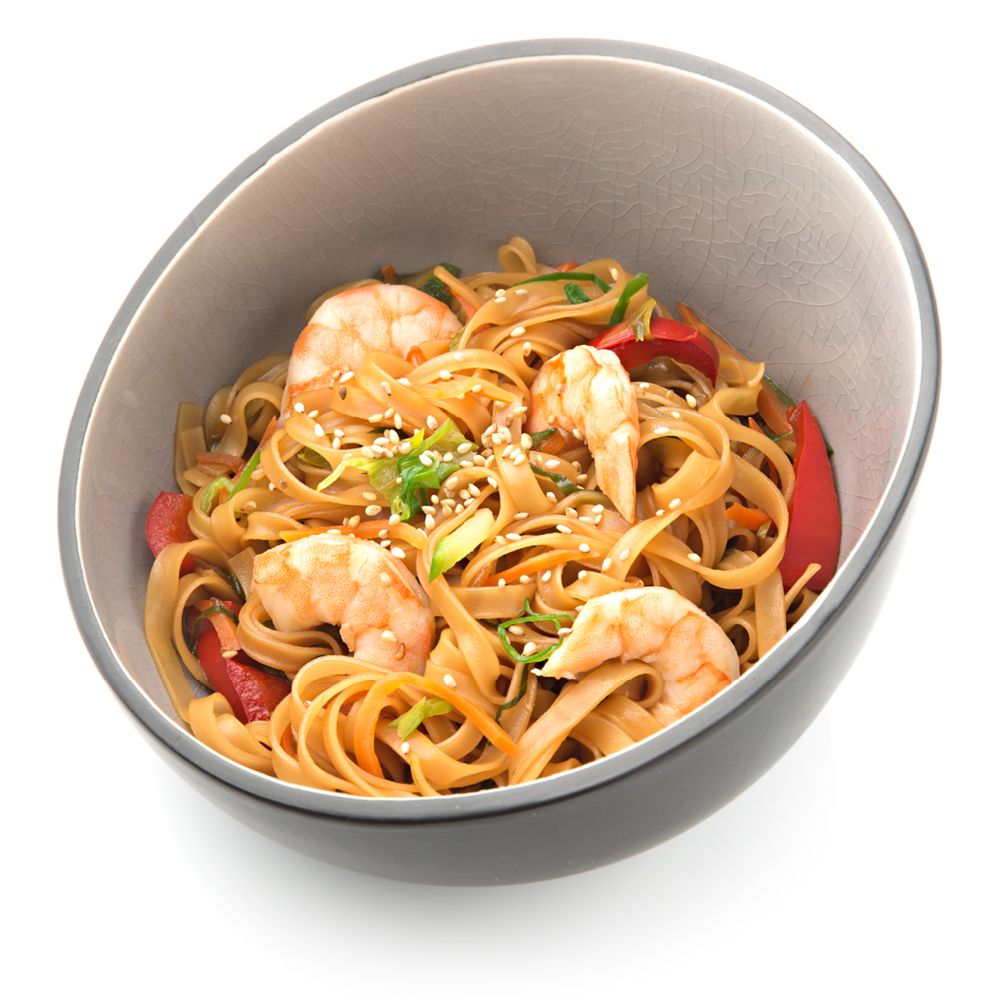 Rice noodle wok with king prawns
